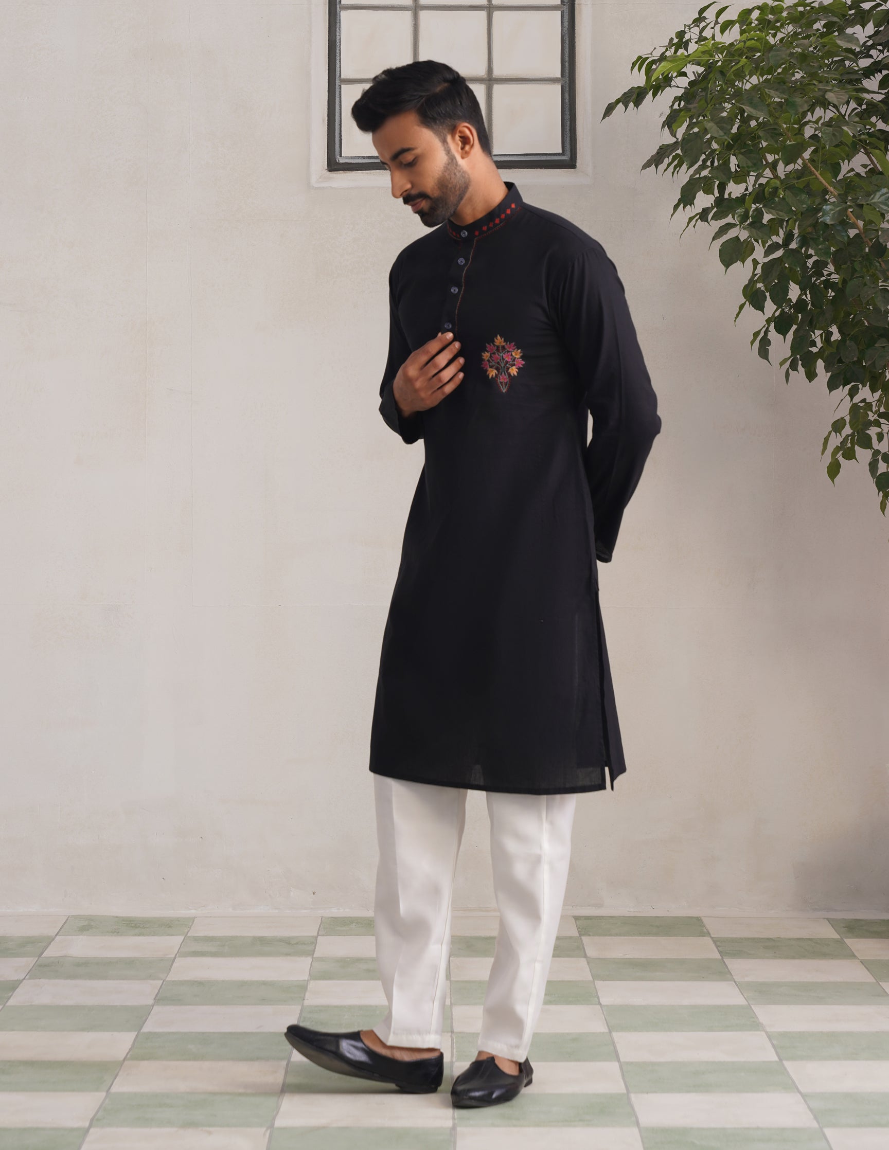 Kashmiri Sozni Multicolour Chinar Linen Cotton Long Kurta – Black | Handcrafted Heritage - Kashmir Box