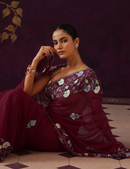 Kashmiri Aari Embroidered Georgette Saree – Crimson Red