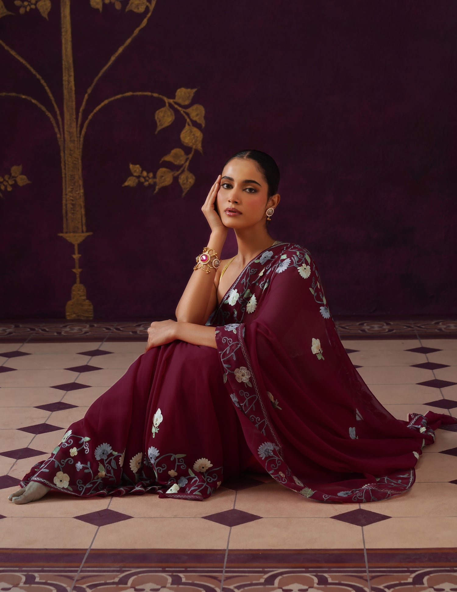 Kashmiri Aari Embroidered Georgette Saree – Crimson Red
