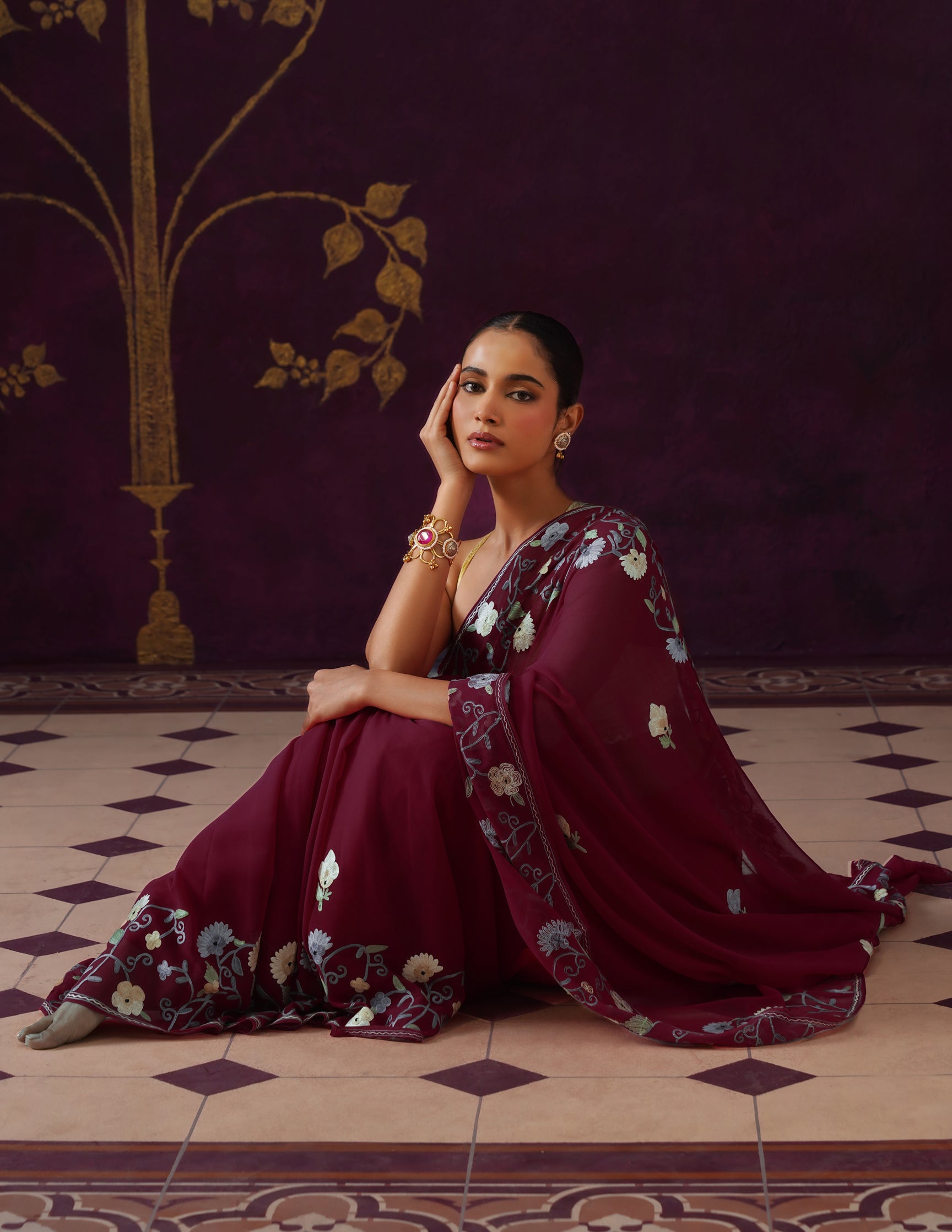 Kashmiri Aari Embroidered Georgette Saree – Crimson Red