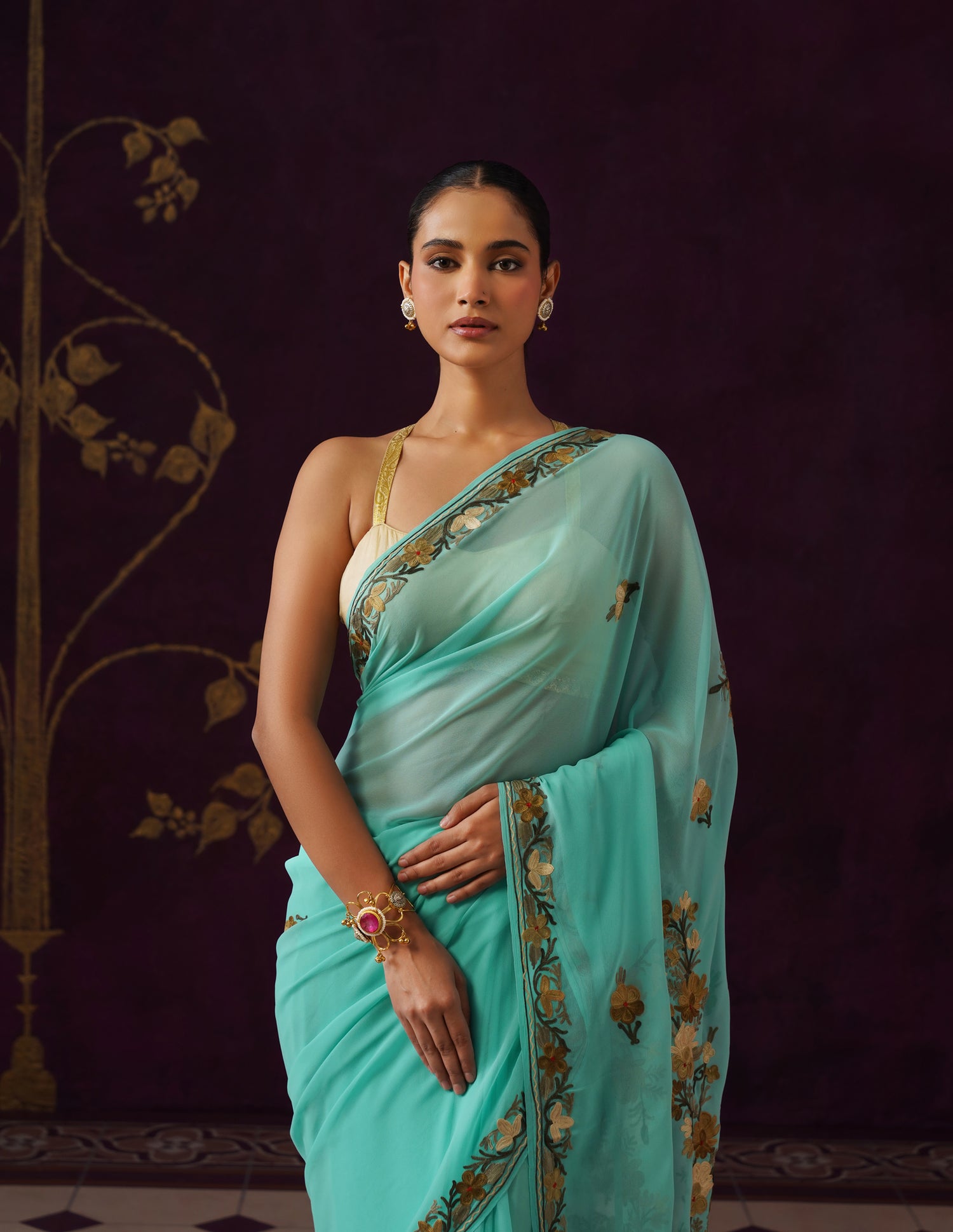 Kashmiri Aari Embroidered Georgette Saree – Turquoise