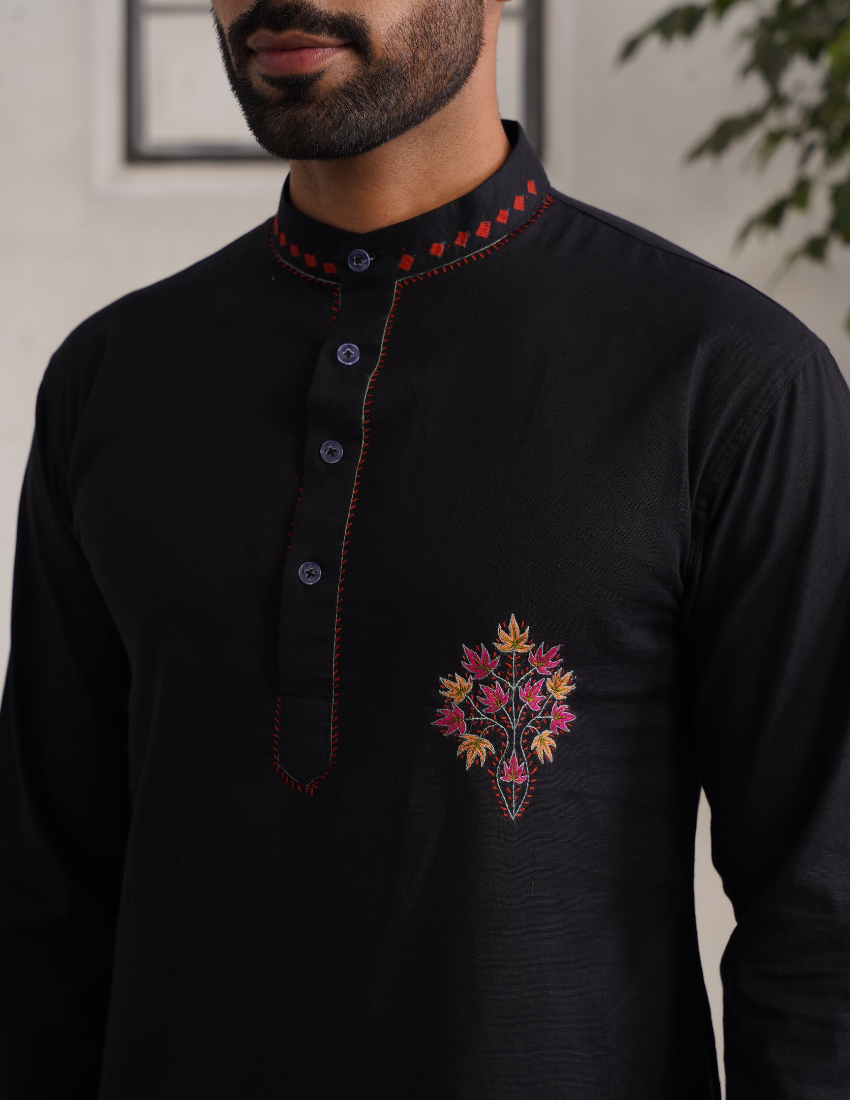 Kashmiri Sozni Multicolour Chinar Linen Cotton Long Kurta – Black | Handcrafted Heritage - Kashmir Box