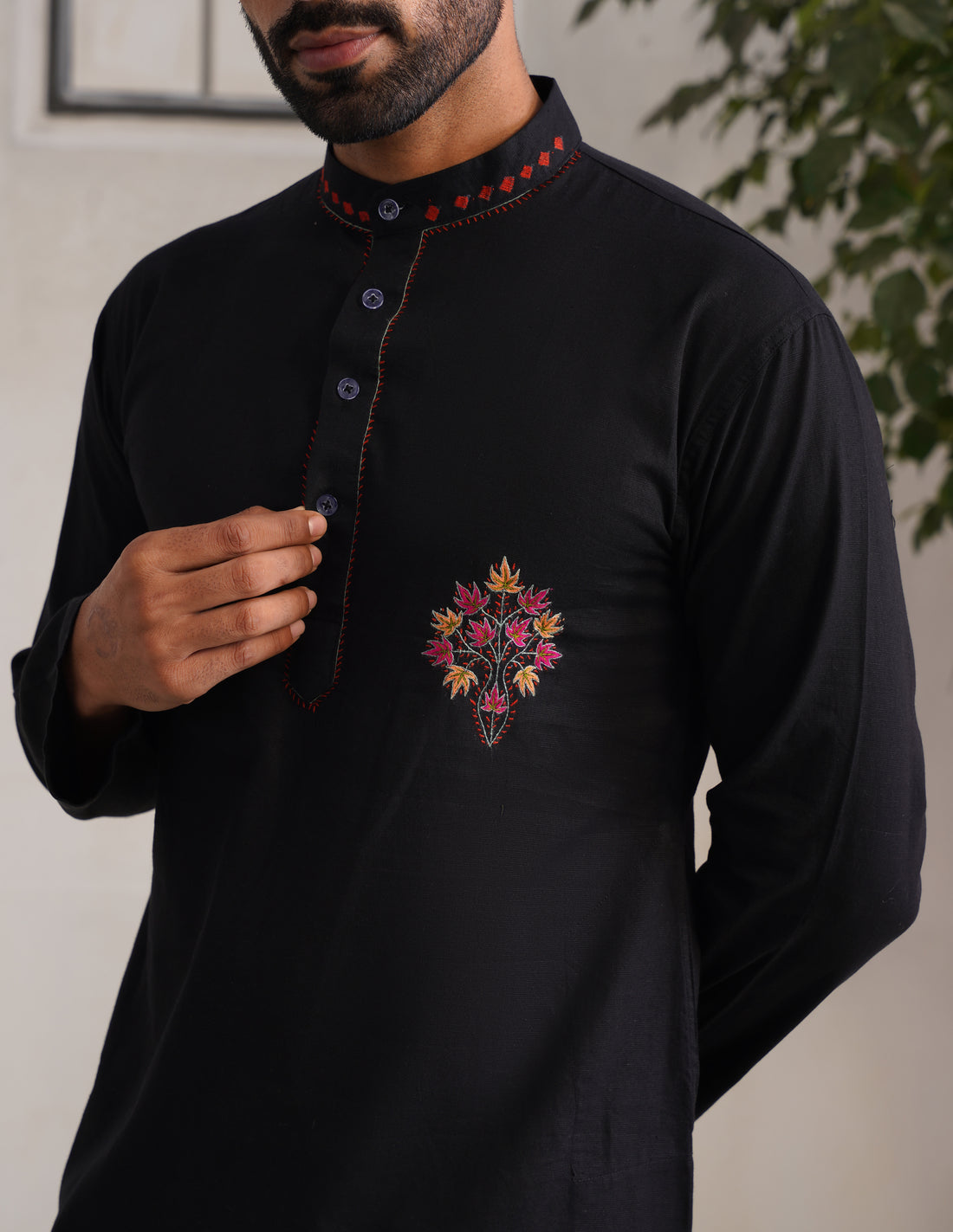 Kashmiri Sozni Multicolour Chinar Linen Cotton Long Kurta – Black | Handcrafted Heritage - Kashmir Box