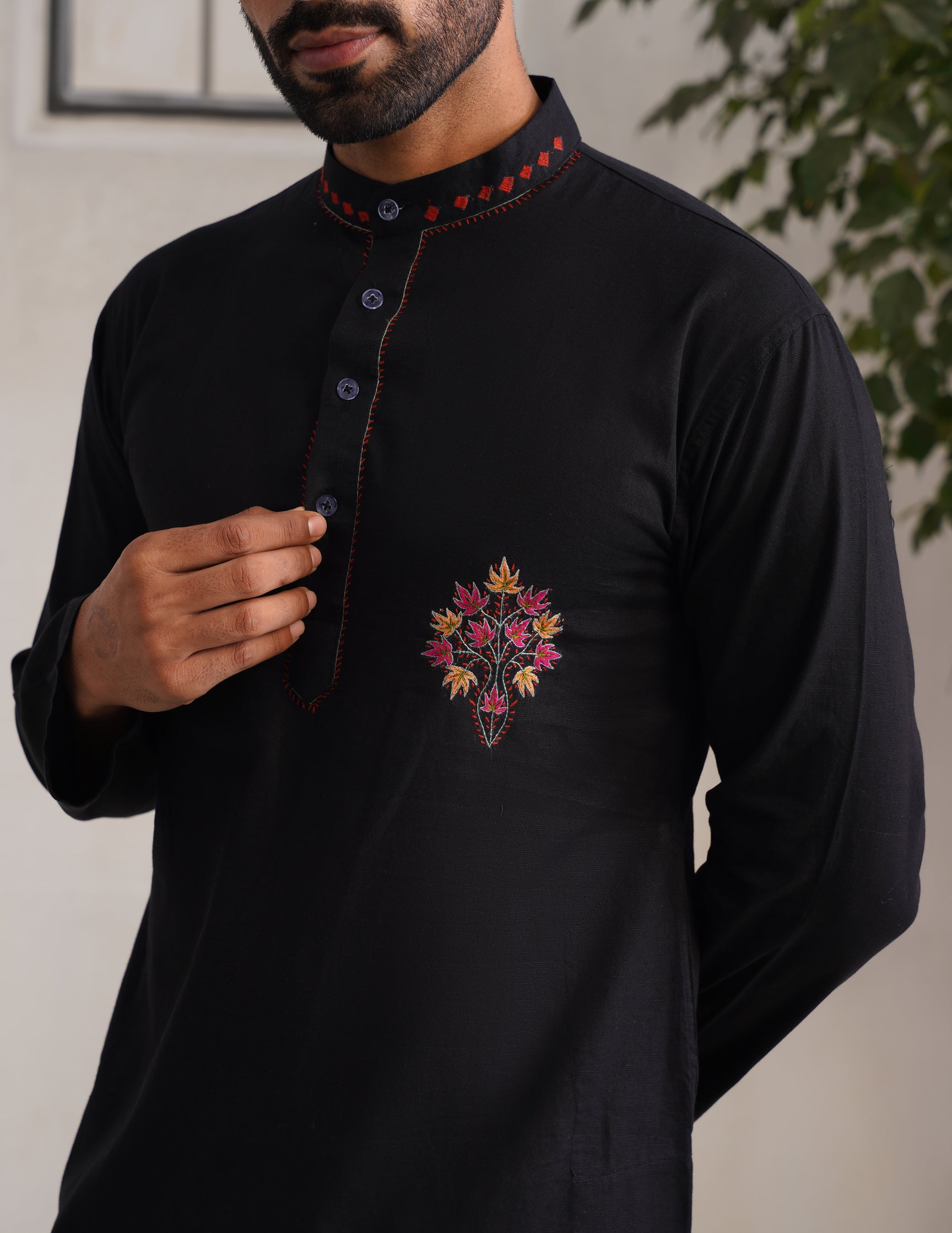 Kashmiri Sozni Multicolour Chinar Linen Cotton Long Kurta – Black | Handcrafted Heritage - Kashmir Box