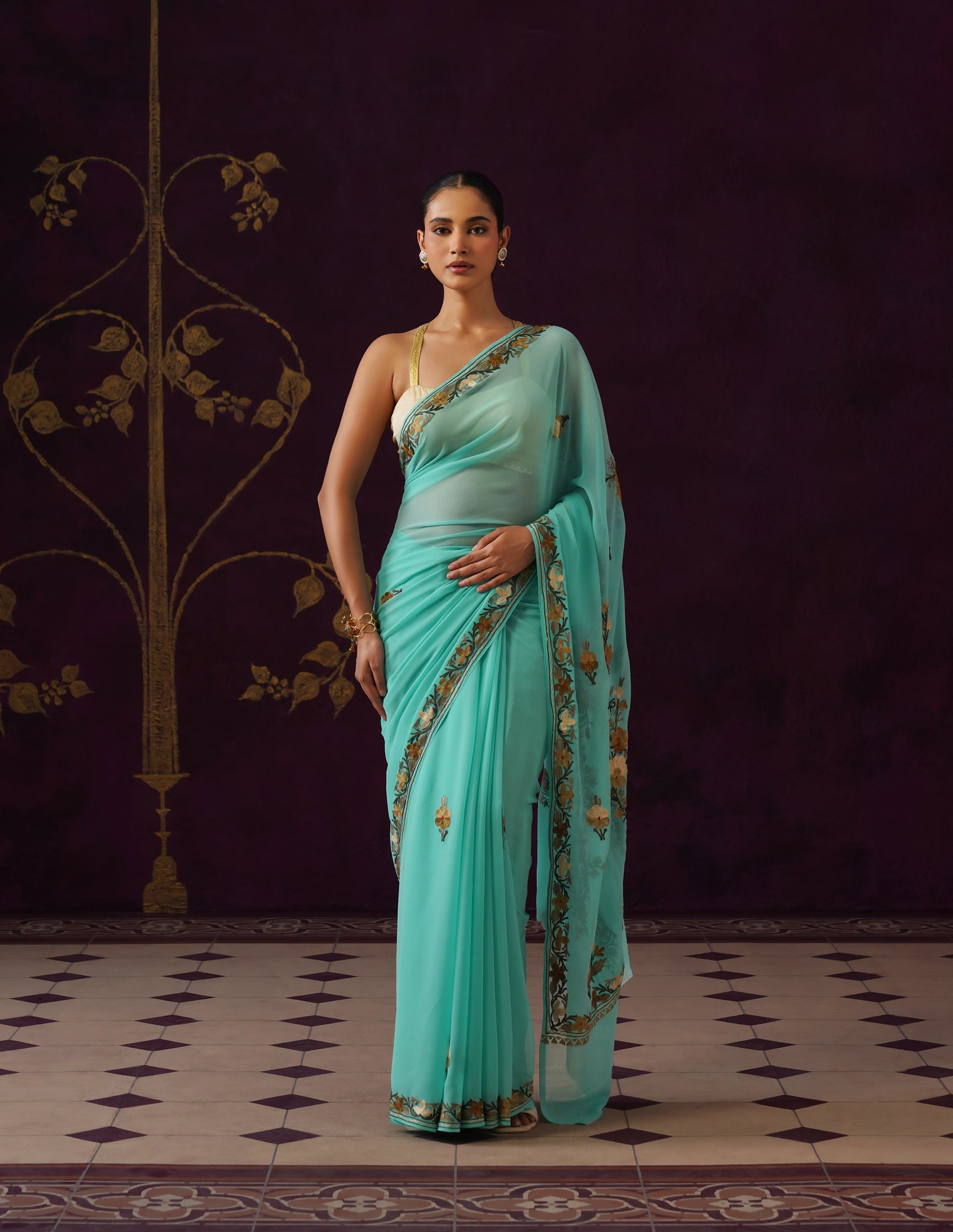 Kashmiri Aari Embroidered Georgette Saree – Turquoise