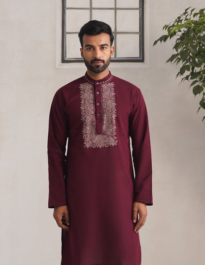 Kashmiri Sozni Embroidered Linen Cotton Long Kurta – Maroon | Handcrafted Heritage - Kashmir Box