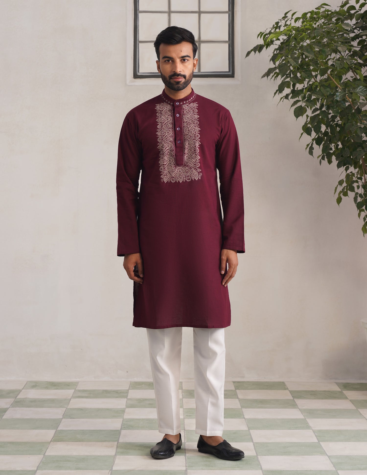 Kashmiri Sozni Embroidered Linen Cotton Long Kurta – Maroon | Handcrafted Heritage - Kashmir Box