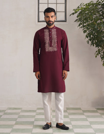 Kashmiri Sozni Embroidered Linen Cotton Long Kurta – Maroon | Handcrafted Heritage - Kashmir Box