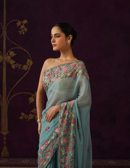 Kashmiri Aari Embroidered Georgette Saree – Teal