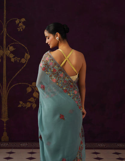 Kashmiri Aari Embroidered Georgette Saree – Teal