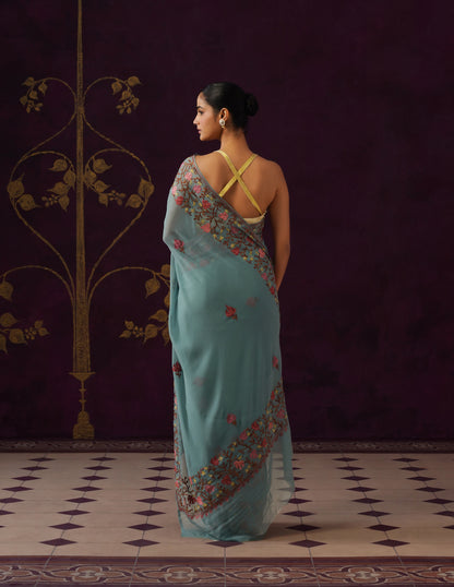 Kashmiri Aari Embroidered Georgette Saree – Teal