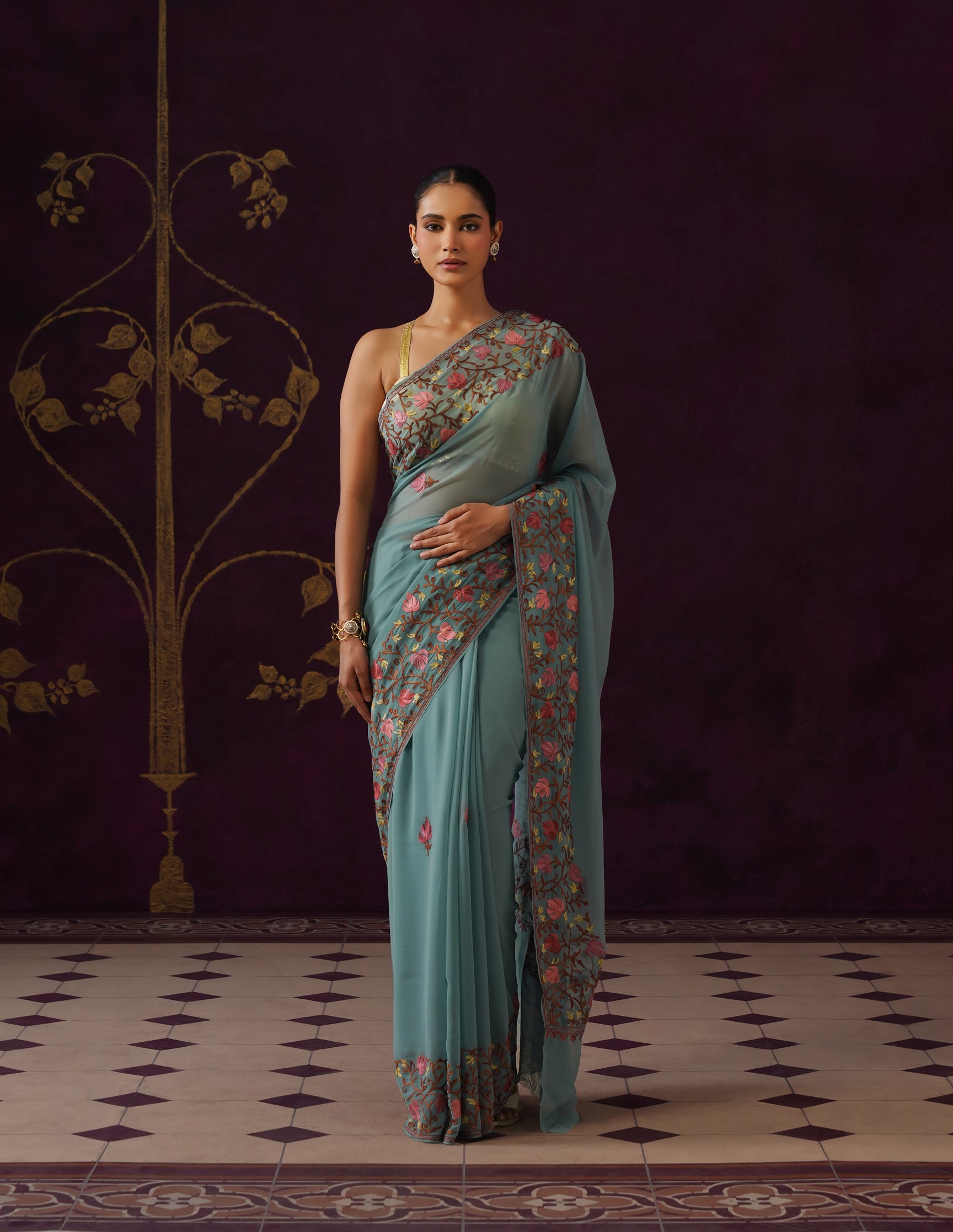 Kashmiri Aari Embroidered Georgette Saree – Teal