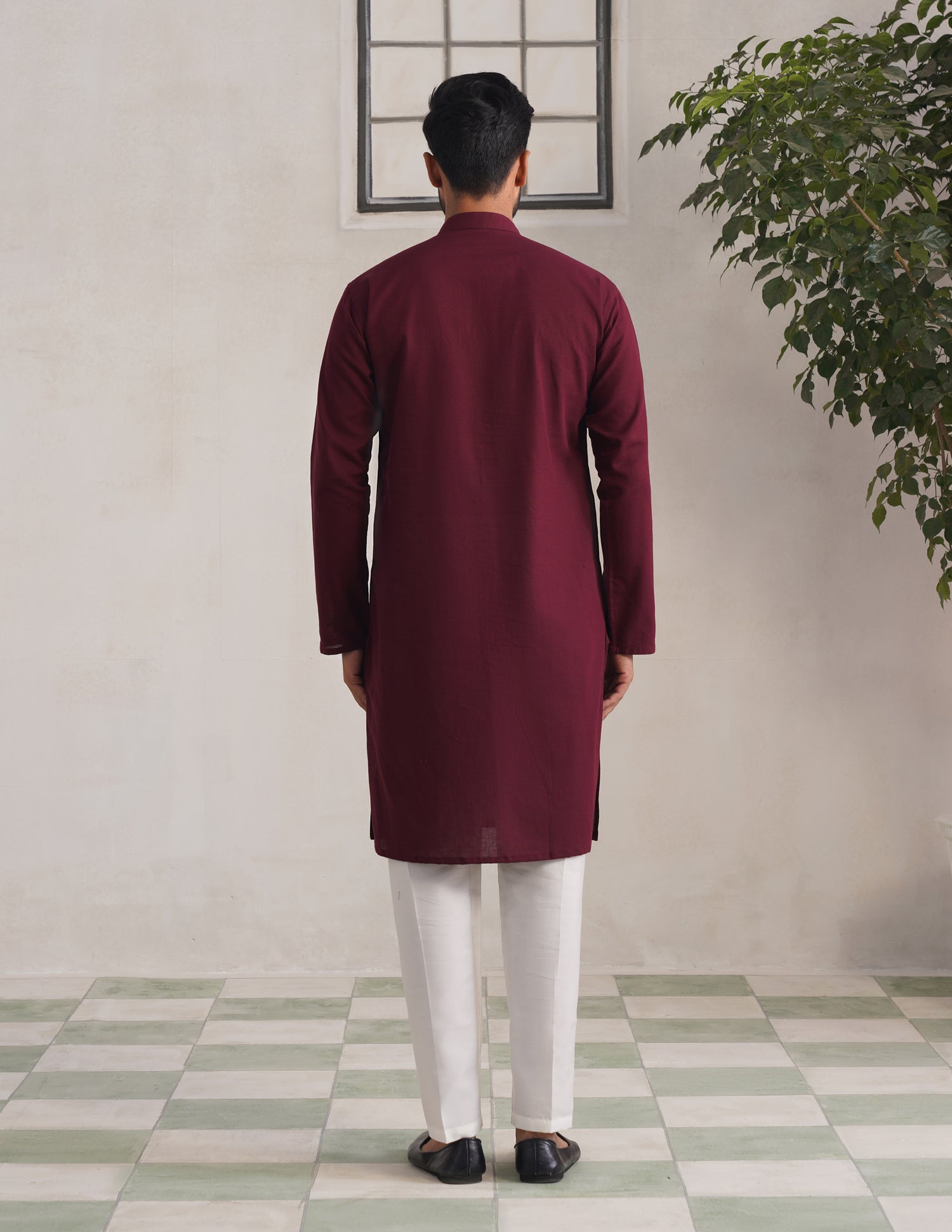 Kashmiri Sozni Embroidered Linen Cotton Long Kurta – Maroon | Handcrafted Heritage - Kashmir Box