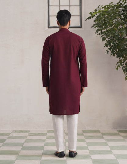 Kashmiri Sozni Embroidered Linen Cotton Long Kurta – Maroon | Handcrafted Heritage - Kashmir Box