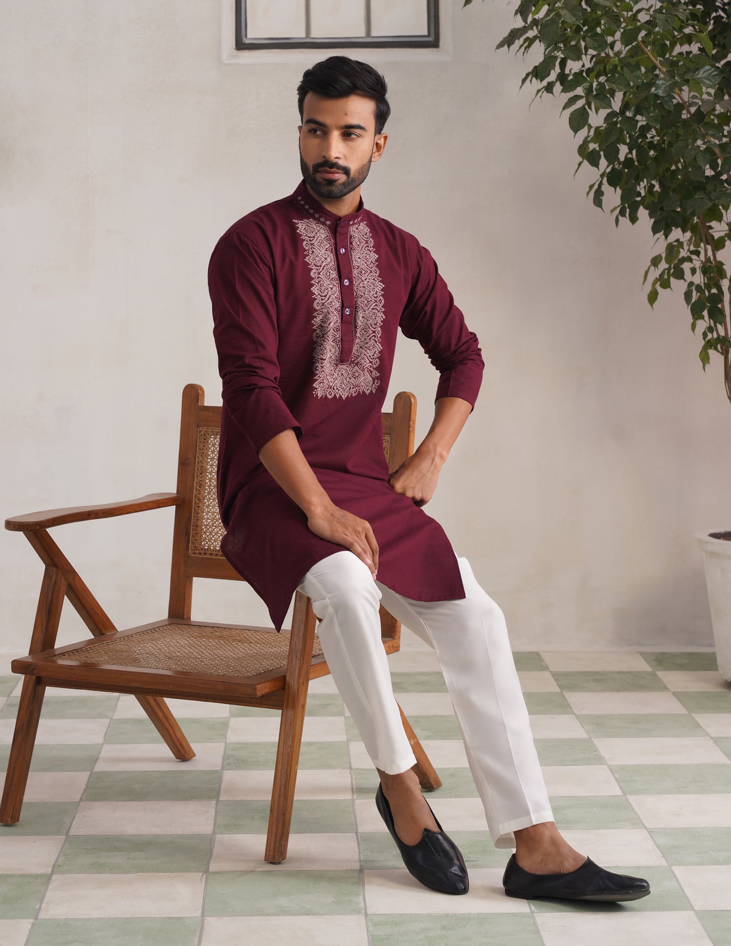 Kashmiri Sozni Embroidered Linen Cotton Long Kurta – Maroon | Handcrafted Heritage - Kashmir Box