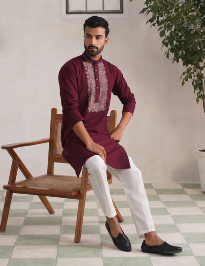 Kashmiri Sozni Embroidered Linen Cotton Long Kurta – Maroon | Handcrafted Heritage - Kashmir Box