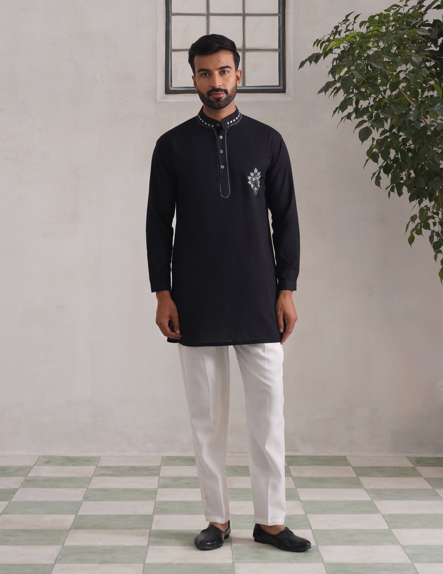 Kashmiri Sozni Chinar Linen Cotton Short Kurta – Black | Handcrafted Heritage - Kashmir Box
