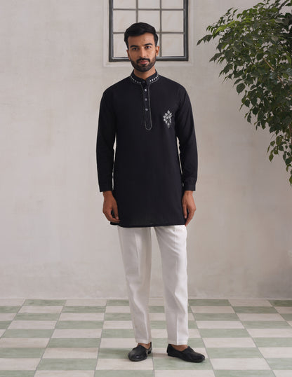 Kashmiri Sozni Chinar Linen Cotton Short Kurta – Black | Handcrafted Heritage - Kashmir Box