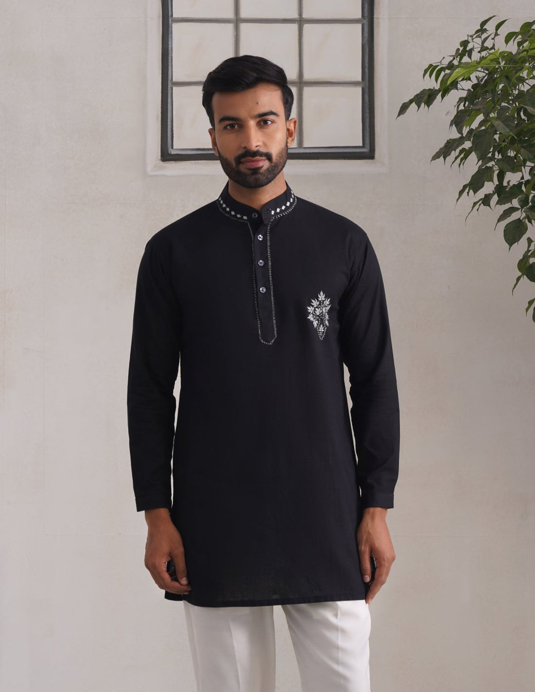 Kashmiri Sozni Chinar Linen Cotton Short Kurta – Black | Handcrafted Heritage - Kashmir Box