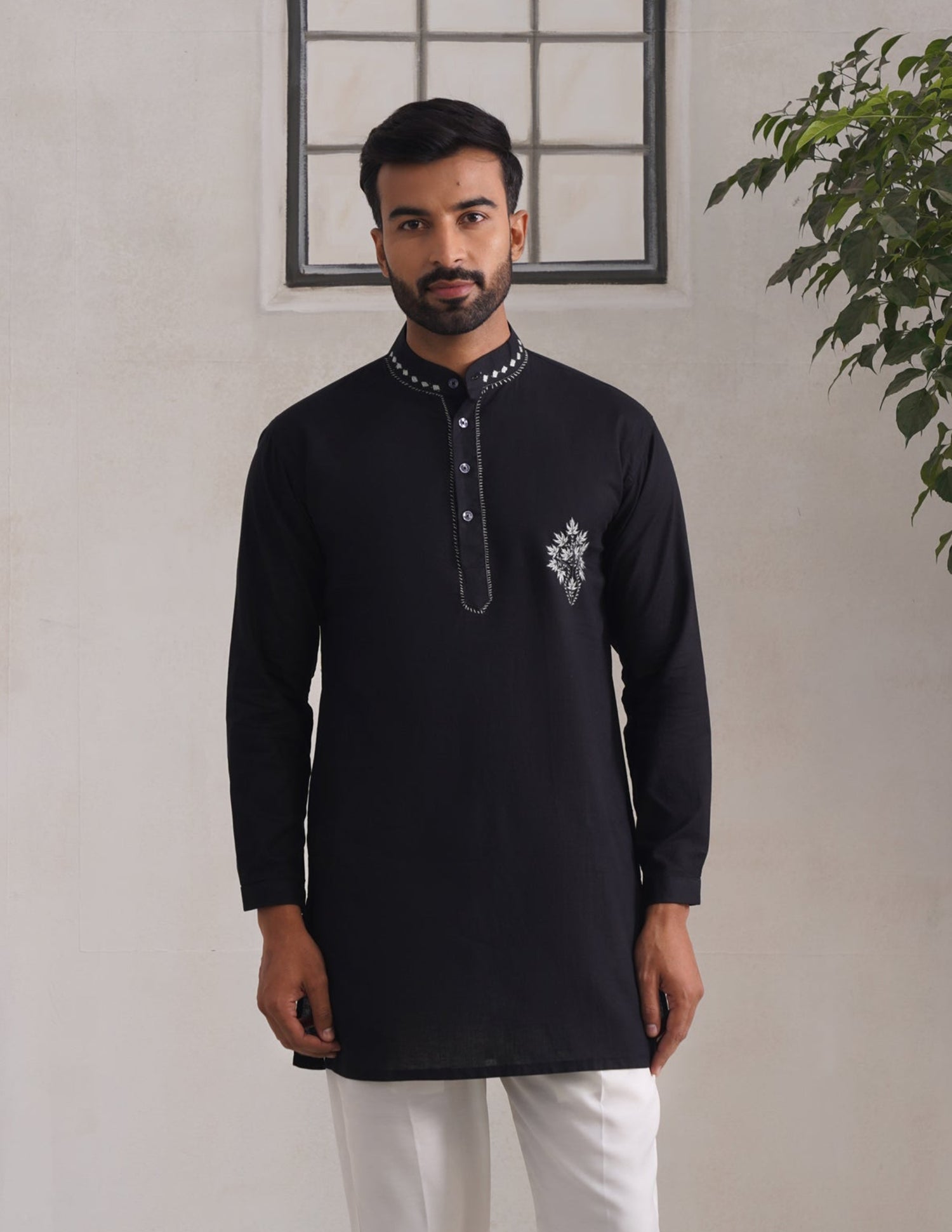 Kashmiri Sozni Chinar Linen Cotton Short Kurta – Black | Handcrafted Heritage - Kashmir Box