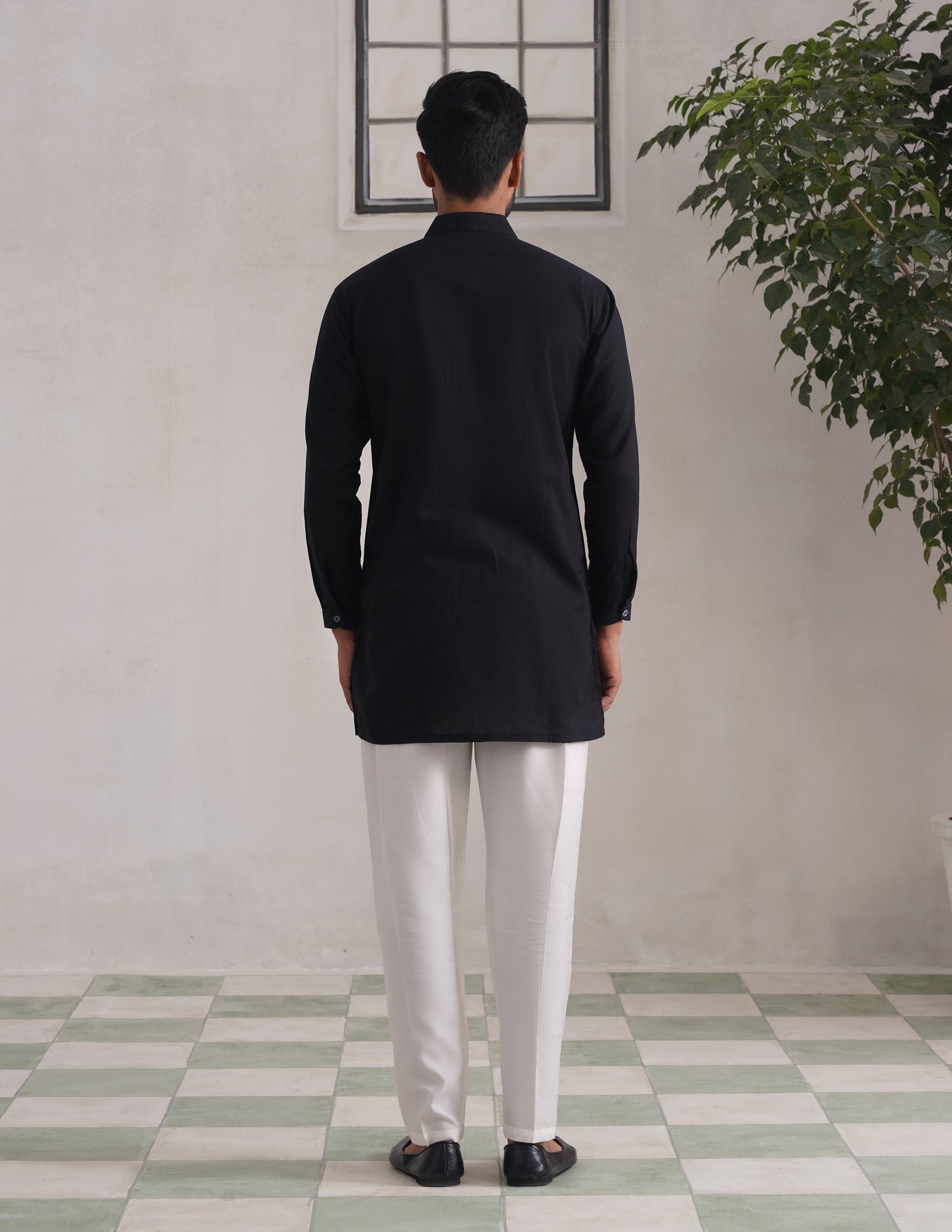 Kashmiri Sozni Chinar Linen Cotton Short Kurta – Black | Handcrafted Heritage - Kashmir Box
