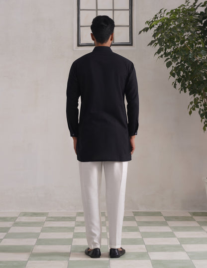 Kashmiri Sozni Chinar Linen Cotton Short Kurta – Black | Handcrafted Heritage - Kashmir Box