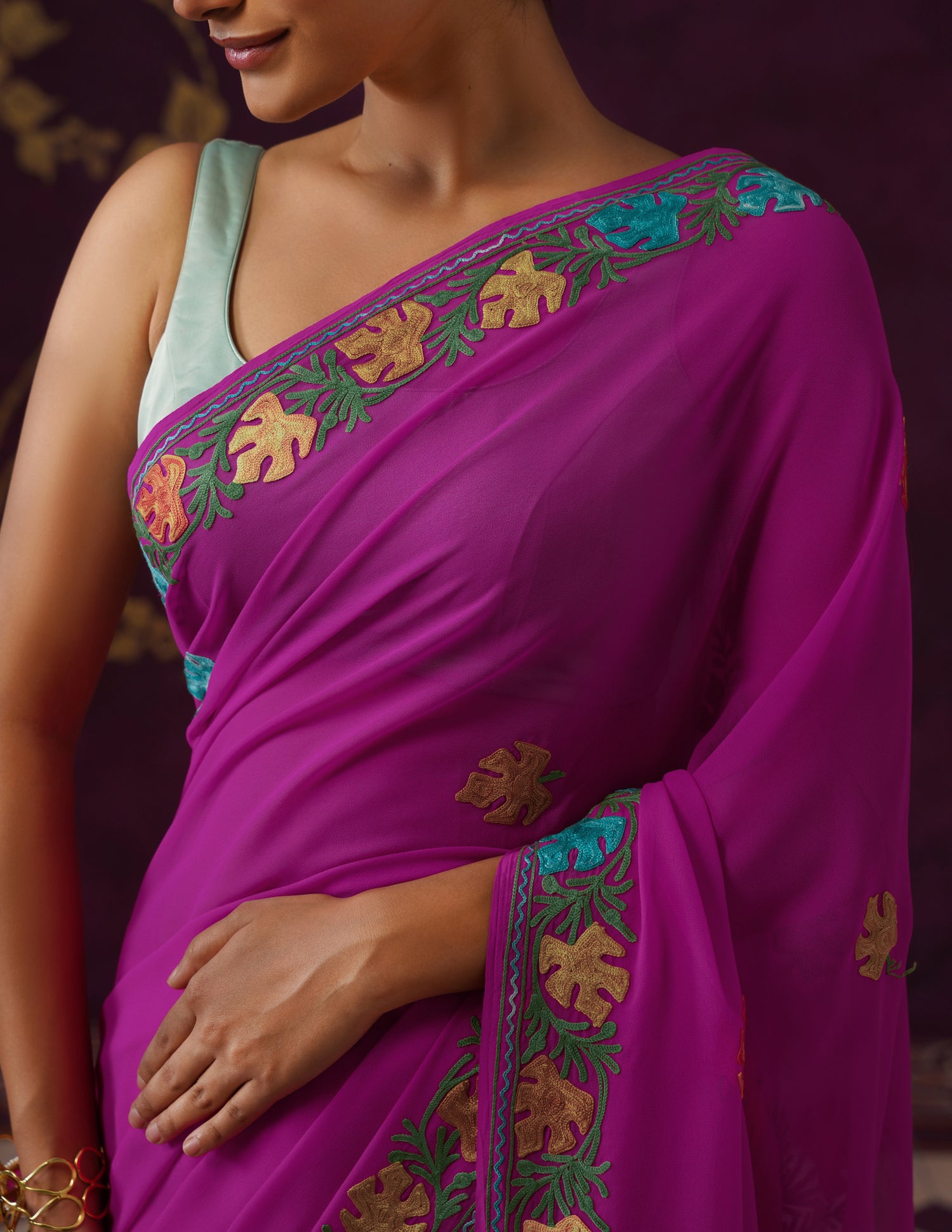 Kashmiri Aari Embroidered Georgette Saree – Hot Magenta