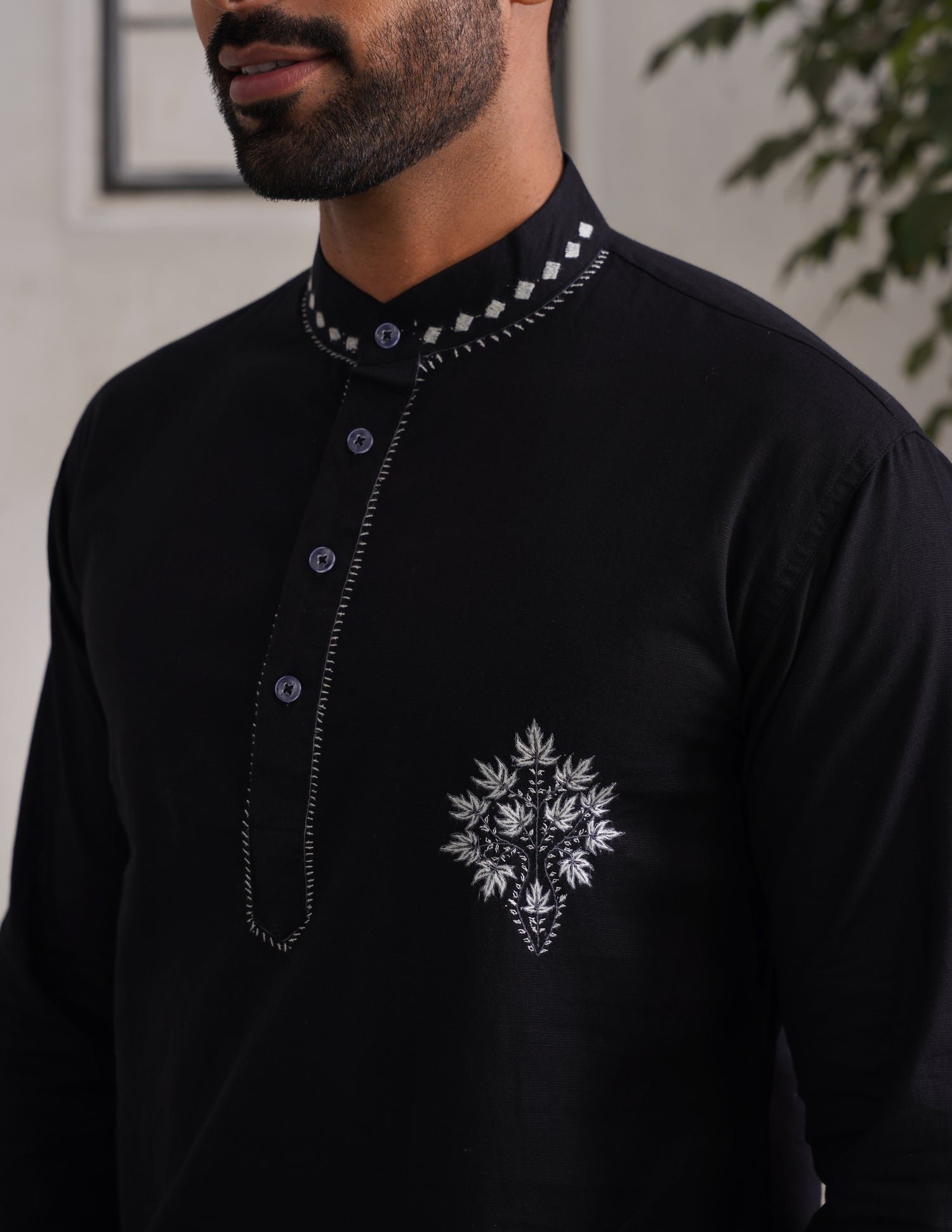 Kashmiri Sozni Chinar Linen Cotton Short Kurta – Black | Handcrafted Heritage - Kashmir Box