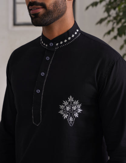 Kashmiri Sozni Chinar Linen Cotton Short Kurta – Black | Handcrafted Heritage - Kashmir Box