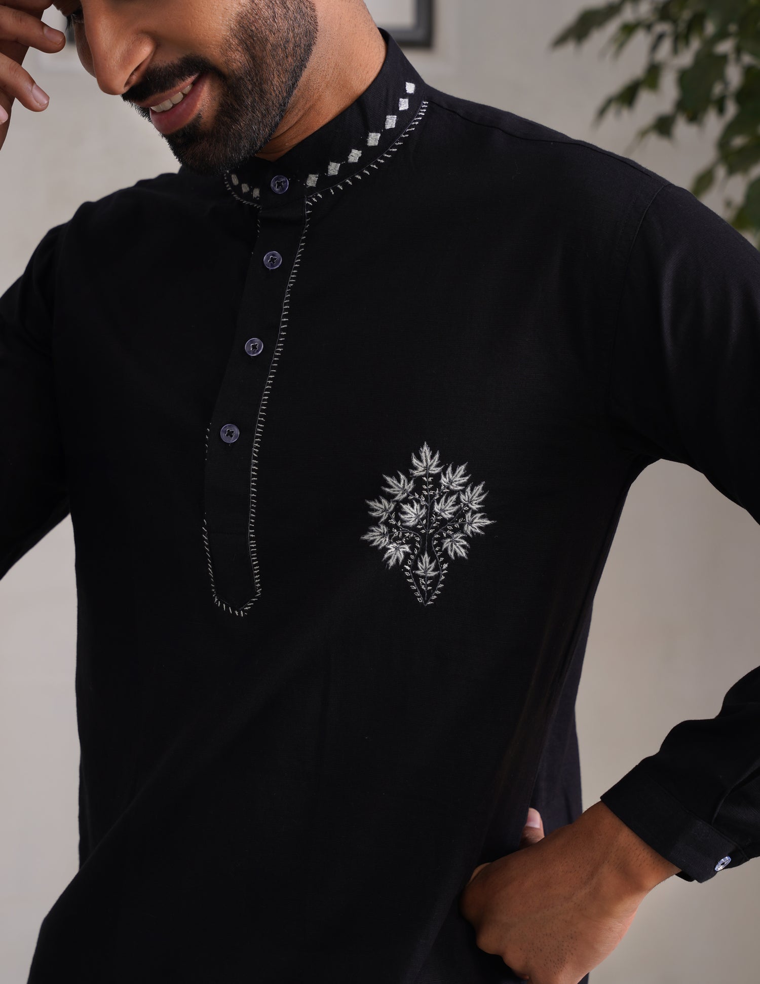 Kashmiri Sozni Chinar Linen Cotton Short Kurta – Black | Handcrafted Heritage - Kashmir Box