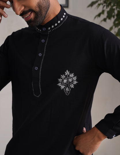 Kashmiri Sozni Chinar Linen Cotton Short Kurta – Black | Handcrafted Heritage - Kashmir Box