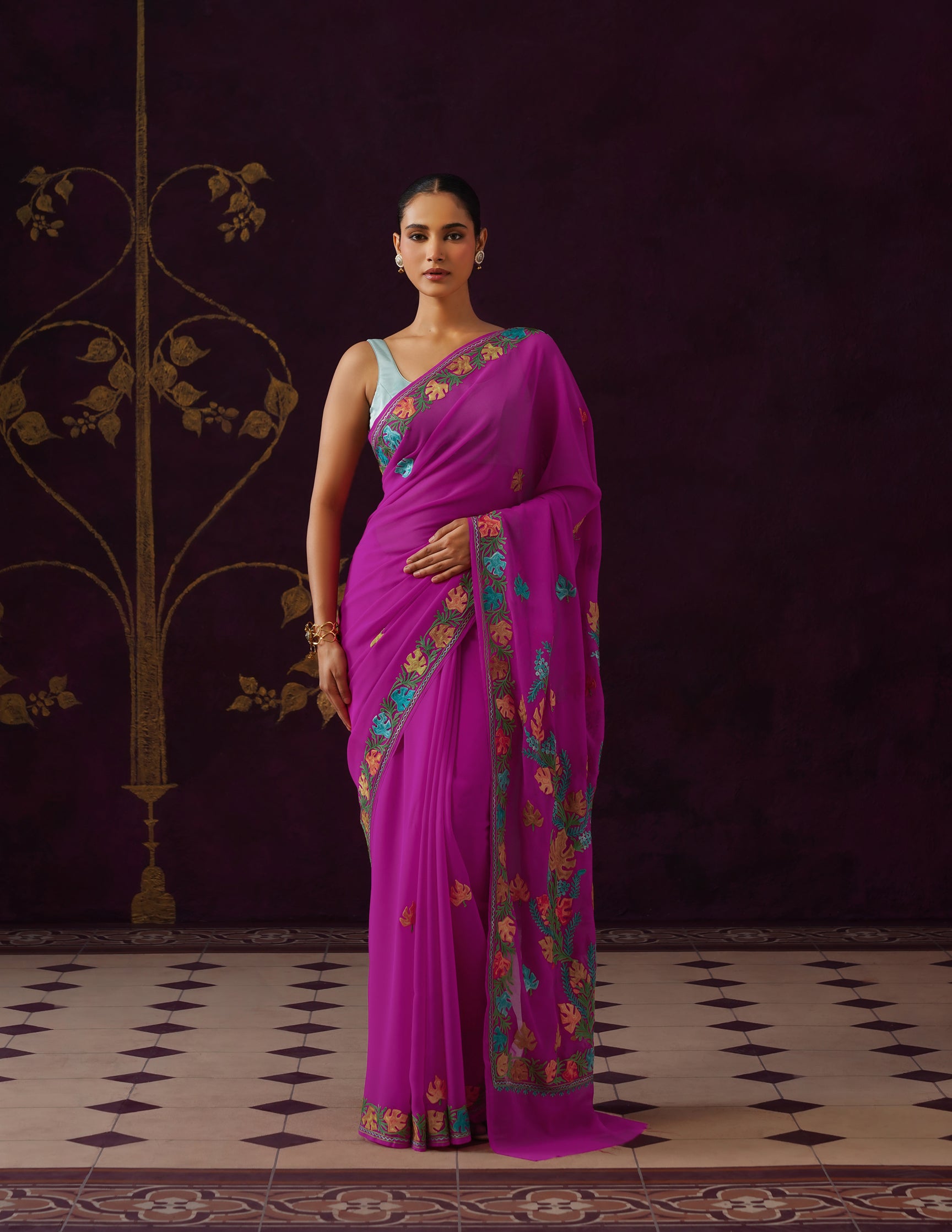 Kashmiri Aari Embroidered Georgette Saree – Hot Magenta