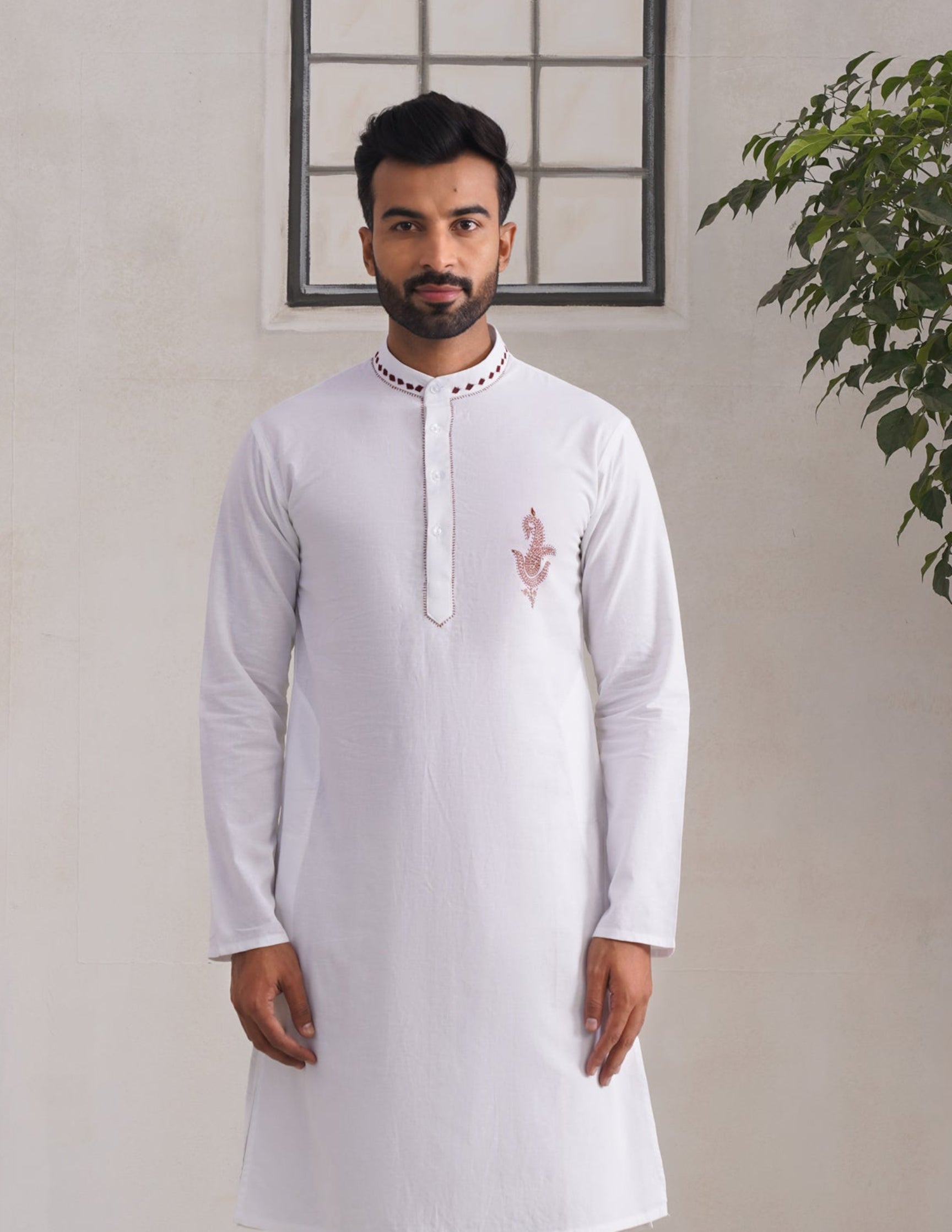 Kashmiri Sozni Paisley Embroidered Linen Cotton Long Kurta – White | Handcrafted Heritage - Kashmir Box