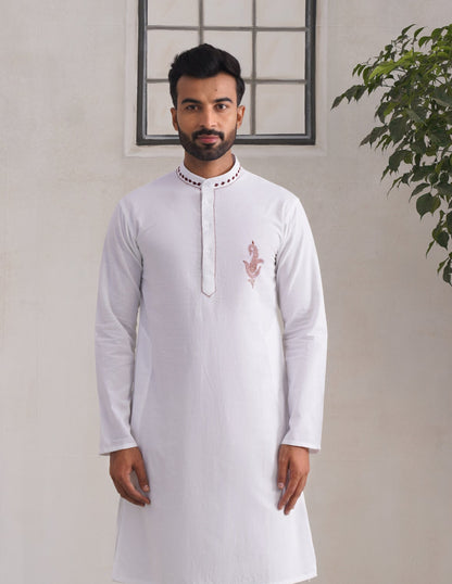 Kashmiri Sozni Paisley Embroidered Linen Cotton Long Kurta – White | Handcrafted Heritage - Kashmir Box
