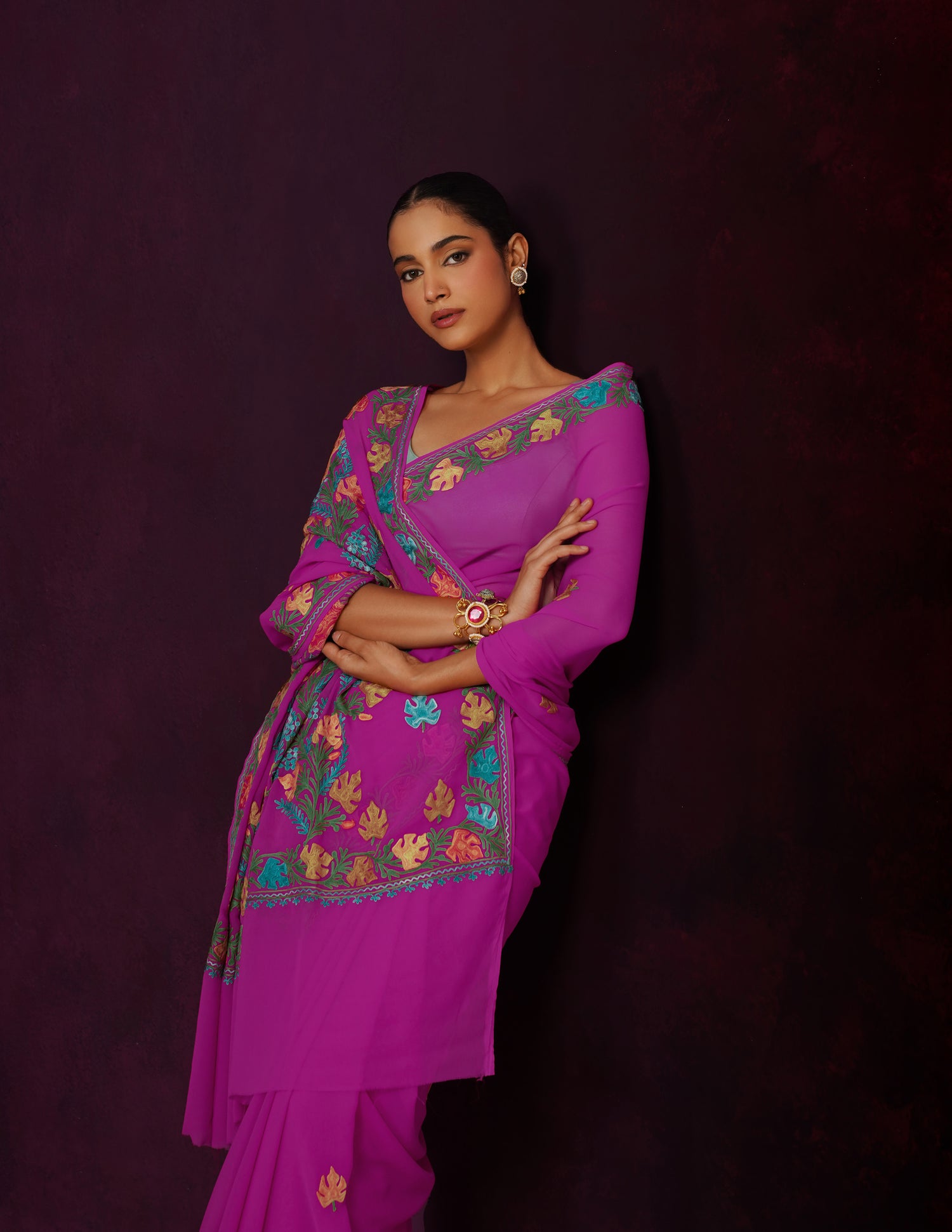 Kashmiri Aari Embroidered Georgette Saree – Hot Magenta