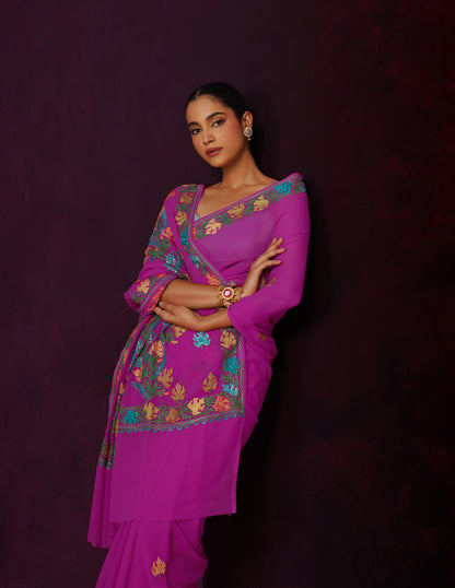 Kashmiri Aari Embroidered Georgette Saree – Hot Magenta