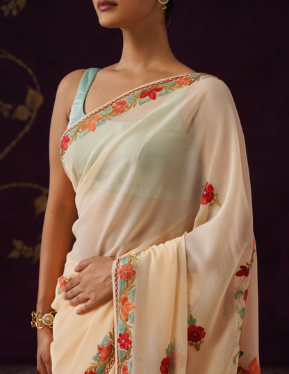 Kashmiri Aari Embroidered Georgette Saree – Cream