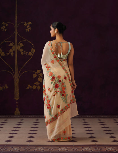 Kashmiri Aari Embroidered Georgette Saree – Cream