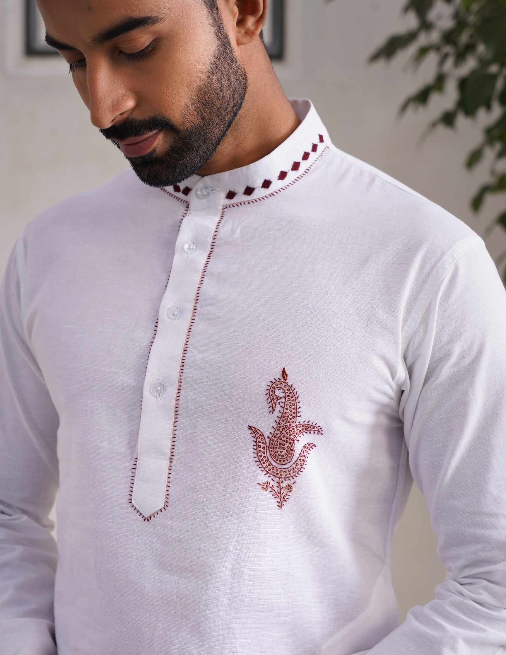 Kashmiri Sozni Paisley Embroidered Linen Cotton Long Kurta – White | Handcrafted Heritage - Kashmir Box