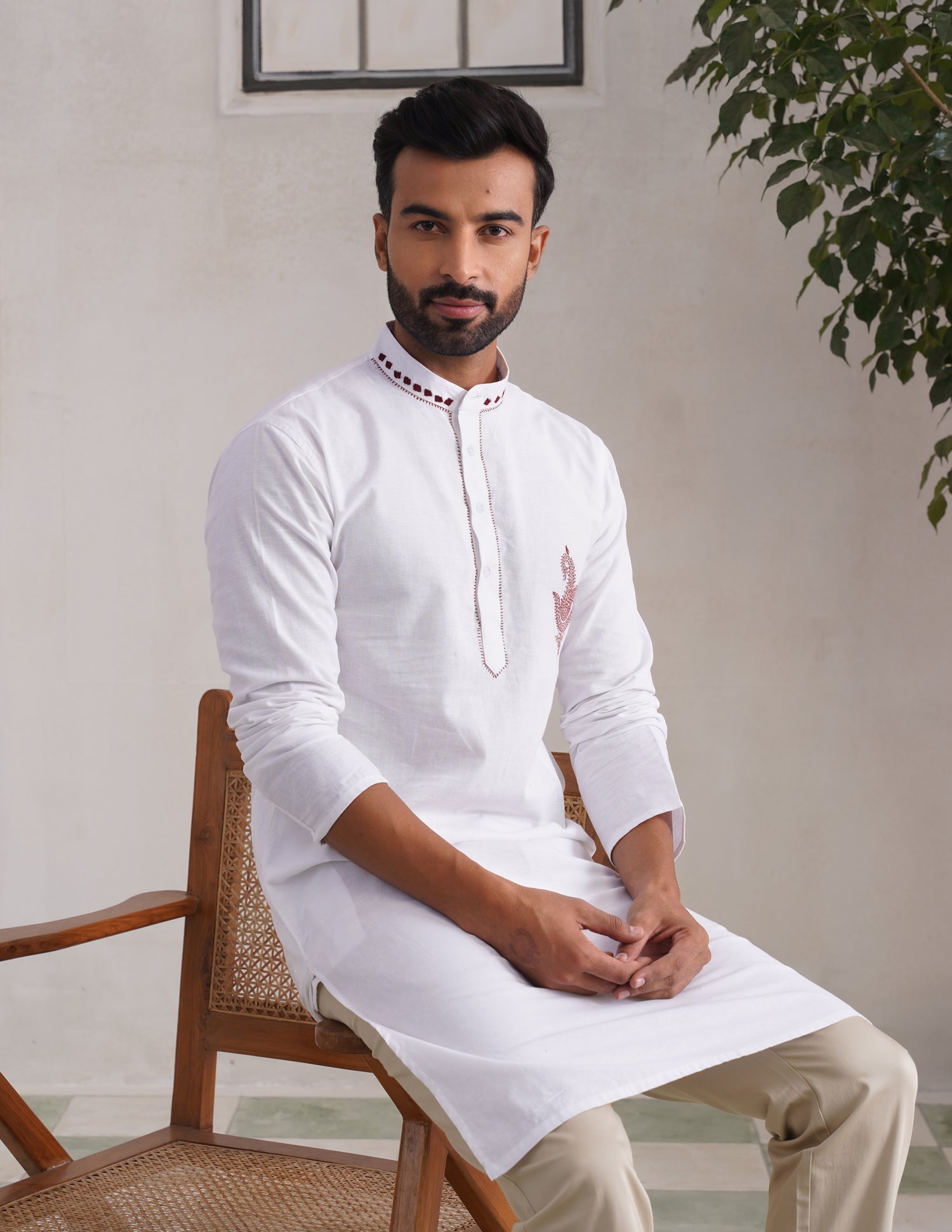 Kashmiri Sozni Paisley Embroidered Linen Cotton Long Kurta – White | Handcrafted Heritage - Kashmir Box