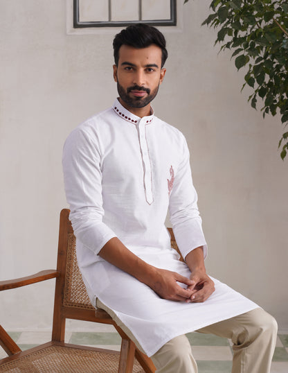 Kashmiri Sozni Paisley Embroidered Linen Cotton Long Kurta – White | Handcrafted Heritage - Kashmir Box