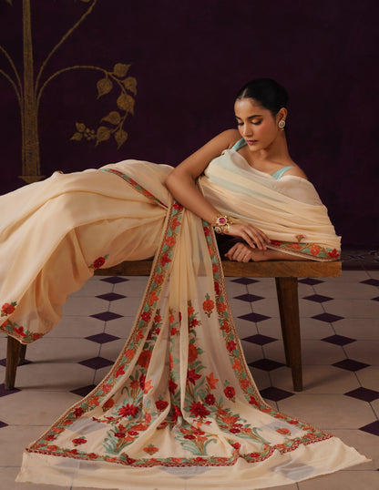 Kashmiri Aari Embroidered Georgette Saree – Cream