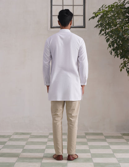 Kashmiri Sozni Paisley Embroidered Linen Cotton Short Kurta – White | Handcrafted Heritage - Kashmir Box