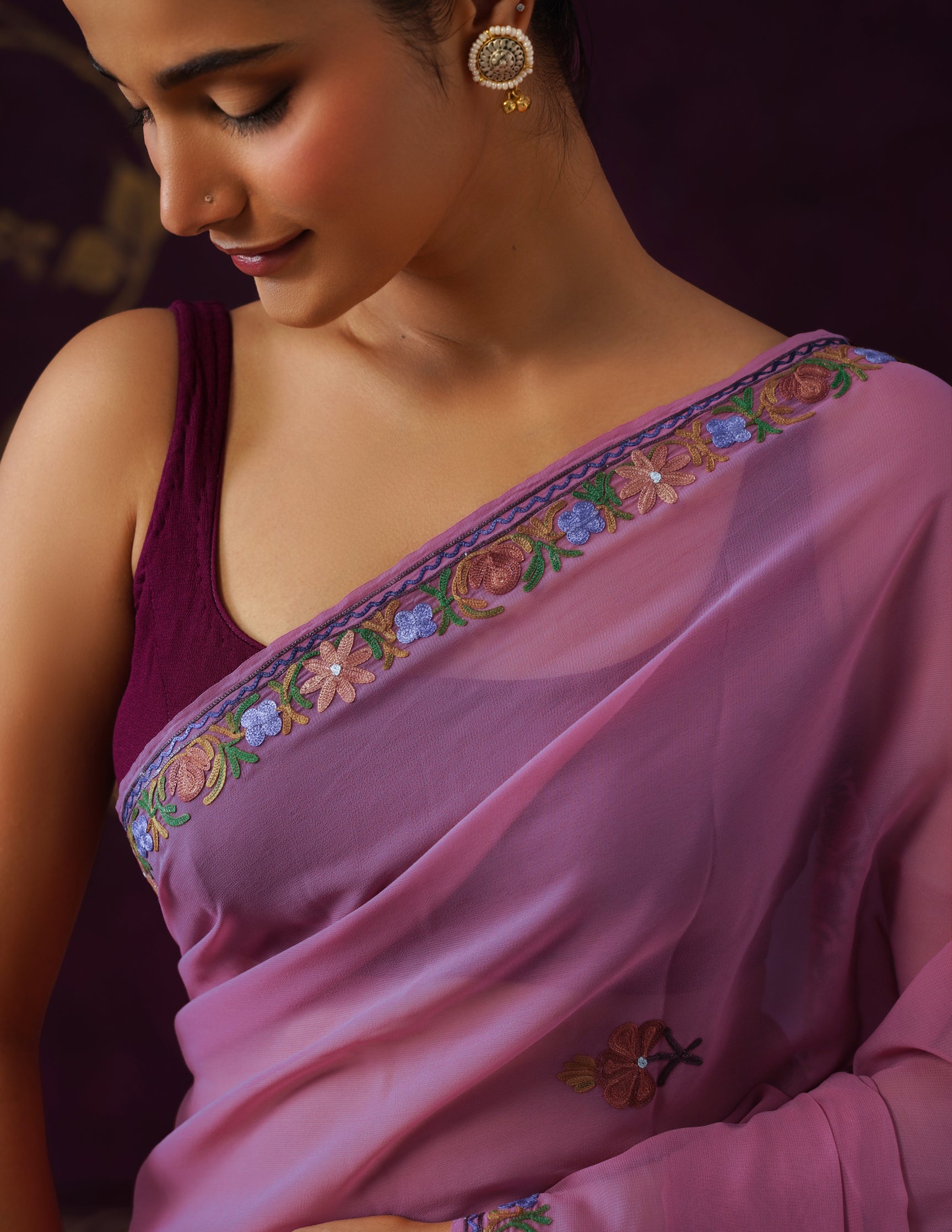 Kashmiri Aari Embroidered Georgette Saree – Dusky Purple