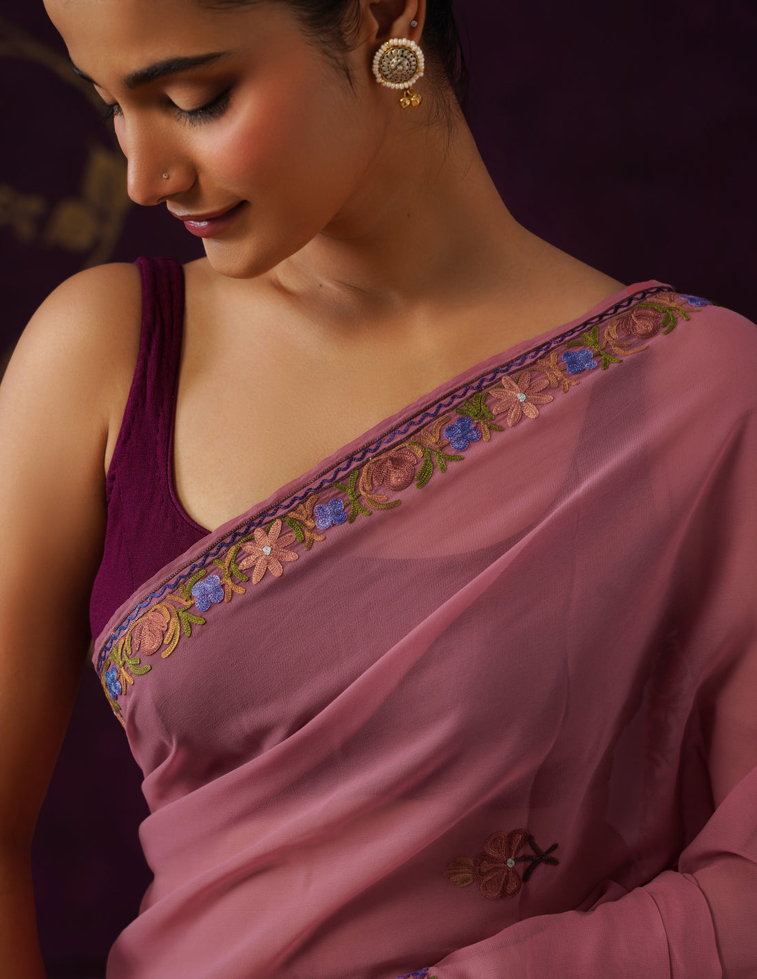 Kashmiri Aari Embroidered Georgette Saree – Dusky Purple