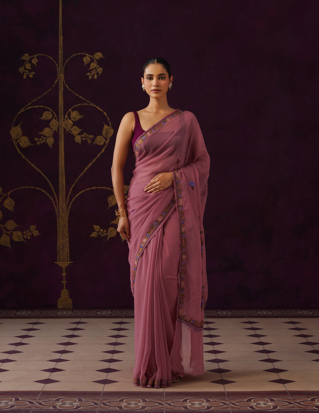 Kashmiri Aari Embroidered Georgette Saree – Dusky Purple