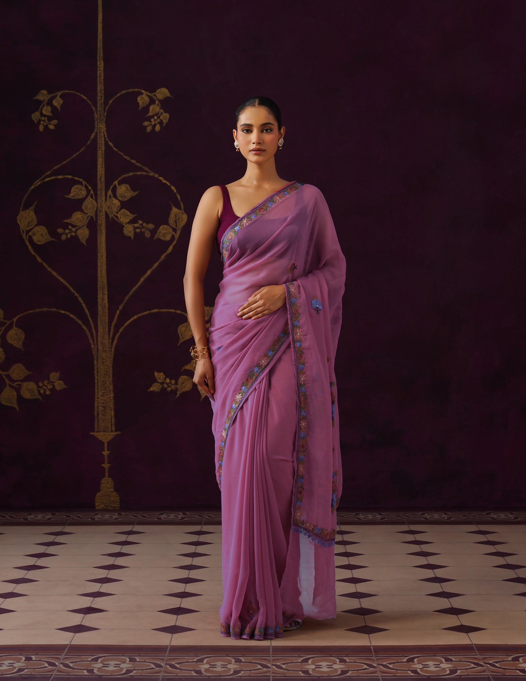 Kashmiri Aari Embroidered Georgette Saree – Dusky Purple