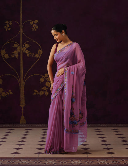Kashmiri Aari Embroidered Georgette Saree – Dusky Purple