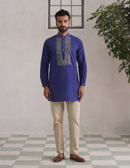 Kashmiri Sozni Embroidered Linen Cotton Short Kurta – Blue | Handcrafted Heritage - Kashmir Box