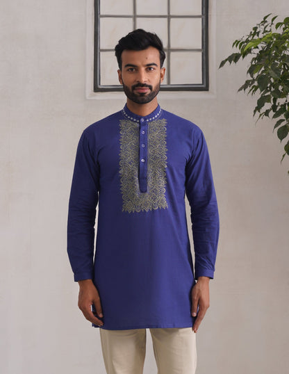 Kashmiri Sozni Embroidered Linen Cotton Short Kurta – Blue | Handcrafted Heritage - Kashmir Box